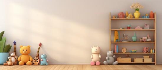 The showcases a children s room with scattered wooden toys and a white central shelf serving as a...