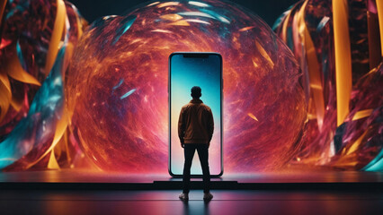 information technology concept. Illustration of a man staring at a giant smartphone screen in front of him. AI generated