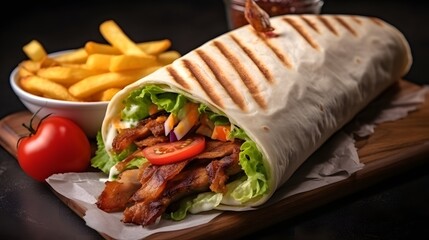 A delicious doner donair kebab wrap with meat, lettuce, tomato, red onion and sauce with french...