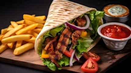 A delicious doner donair kebab wrap with meat, lettuce, tomato, red onion and sauce with french...