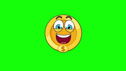 A laugh dollar gold coin cartoon face on a green background, loop animation
