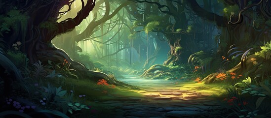 Enchanting forest with fairy trees and lush plants Digital artwork backdrop illustration