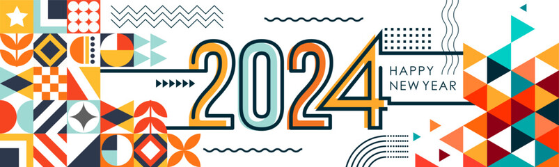 happy new year 2024 cover with modern geometric abstract background in retro style. happy new year greeting card banner design for 2024 art calligraphy, colorful shapes. Creative Vector illustration.