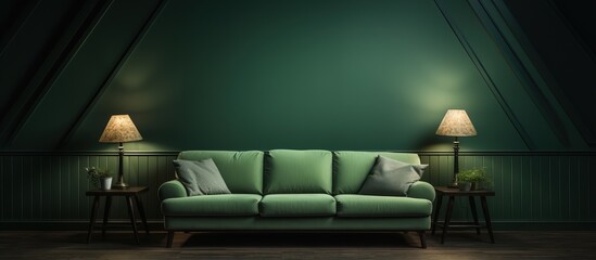 Green sofa in attic depicted in three dimensions