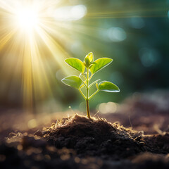 Small tree growing with sunshine in garden. eco concept