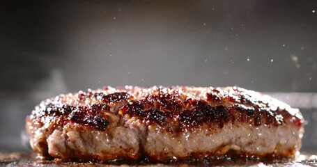 Fried vegetarian cutlets made from vegetable protein. Cinematic advertising plant-based imitation burger cooking. Pan-fried vegetarian cutlets delicious and healthy alternative to meat. Soy protein