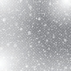 Xmas and New Year pattern with falling snowflakes on transparent background. Vector