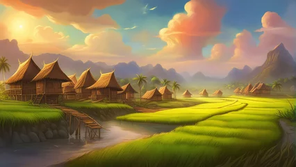 Foto op Canvas A indian village with thatched huts surrounded by paddy field.  © saurav005