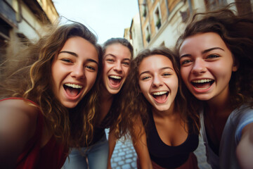 Obraz premium Tourists are laughing and enjoying romantic summer vacations in the city, Use a wide-angle lens to shoot, Holidays, and traveling lifestyle concept