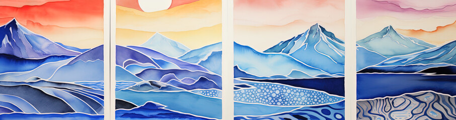 Obraz premium Vector hand drawn illustration. Abstract flat minimalist design landscape set. Winter cold snowy season. Japanese line pattern. Vintage nature graphic. Day night scene. Clear sky, generative ai