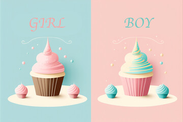 Gender party invitation - boy or girl, with pink and blue cupcakes. Cupcakes for a baby gender reveal party - girl or boy. Invitation to a children's party. Postcard, invitation - obrazy, fototapety, plakaty