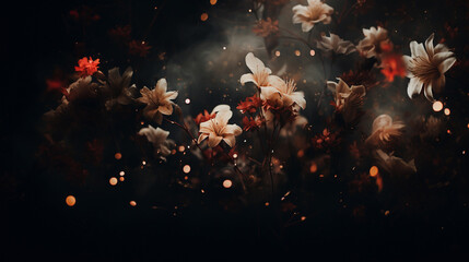 Romantic and Moody Flower Background with Twinkle Lights and Grunge Effect - Muted Pink Color Tones with Fall Florals and Cinematic Styled Grading - Vintage Floral Background or Wallpaper - Valentines - obrazy, fototapety, plakaty