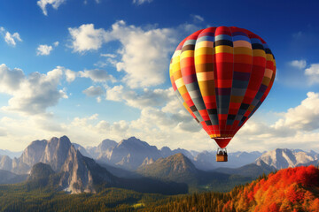 Fototapeta na wymiar Colorful hot air balloon floats amidst mist and mountain peaks, providing an outdoor recreation experience. AI Generative escape into nature!