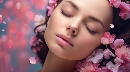 Obraz na płótnie Canvas Beautiful young woman with skin clean and fresh and closed eyes, pink flowers surrounding her face. Spa facial treatment. Toning technique for glowing skin. Cherry blossoms