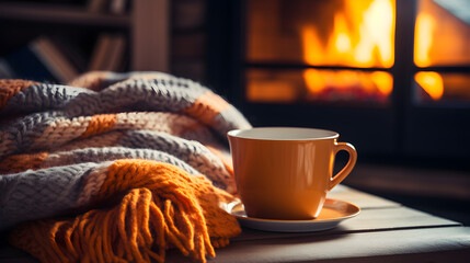 In a cozy living room with a fireplace, there stands a mug of hot tea on a chair next to a woolen blanket, creating a cozy winter day, - obrazy, fototapety, plakaty