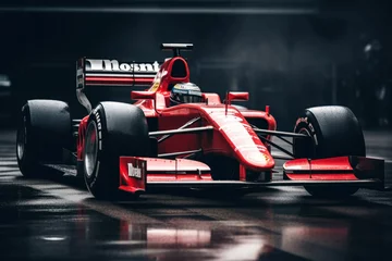 Papier Peint photo Autocollant F1 The heart-pounding world of Formula 1 racing captured in a bright red and white race car inside the garage. AI Generative motorsport.