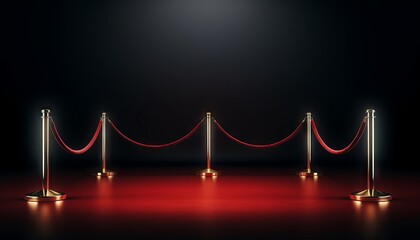 Realistic red carpet and pedestal with illumination and barrier fences with velvet rope