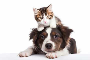 A heartwarming scene of a cat and a dog sitting together, showcasing their adorable companionship. The perfect family portrait. is AI Generative. - obrazy, fototapety, plakaty