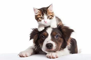 Foto op Plexiglas A heartwarming scene of a cat and a dog sitting together, showcasing their adorable companionship. The perfect family portrait. is AI Generative. © Alisa