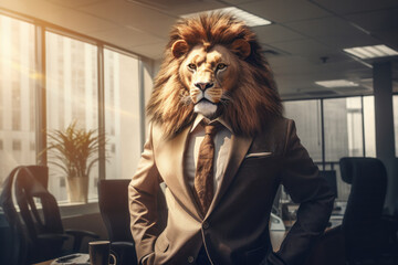 A lion in a suit and tie stands confidently in an office, symbolizing the concept of corporate power and success. AI Generative.