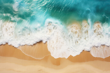 Fototapeta na wymiar Aerial view of the beach and waves from above, showcasing the turquoise water and sandy shore. Top view from a drone, a travel concept captured in nature's colorful palette. AI Generative.