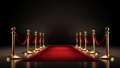 Realistic red carpet and pedestal with illumination and barrier fences with velvet rope