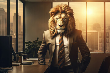 A lion in formal attire commands respect in the office environment, embodying the concept of a professional and powerful manager. AI Generative.