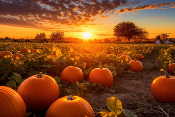 A serene autumn evening in the pumpkin patch, with the setting sun casting a golden hue. AI Generative.