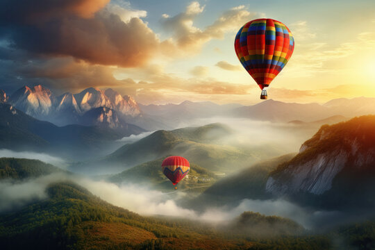 Experience the serenity of a hot air balloon ride over a mountain range at dawn, where the sky meets the majestic landscape. AI Generative.