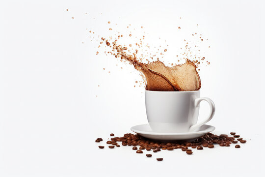 Coffee splashes captured in an isolated white cup, showcasing the dynamic motion of this beloved beverage. AI Generative.