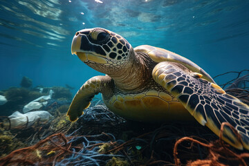 Obraz premium Plastic pollution crisis, A sea turtle swims amidst ocean debris, highlighting the urgent need for conservation and addressing the environmental problem. AI Generative.