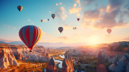  hot air balloons floating over the unique Cappadocian landscape - obrazy, fototapety, plakaty