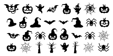 Happy Halloween Icon Set Black White. Pumkin. Ghost. Tree. Spider