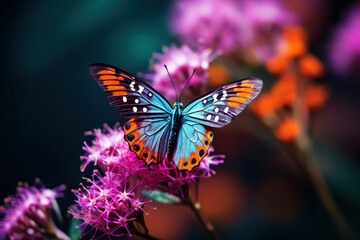 Naklejka premium In a fantasy-like environment, a yellow butterfly flits around cosmos flowers. This fresh scene is AI Generative.