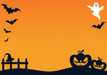 Happy Halloween background with empty space surrounded by bats, ghosts, pumpkins, fences and witch hats. Party invitation vector illustration on orange background