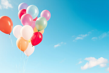 In the bright sky, a bunch of colorful balloons, closeup and filled with helium, adds a festive touch to the background for a celebratory birthday party. AI Generative.