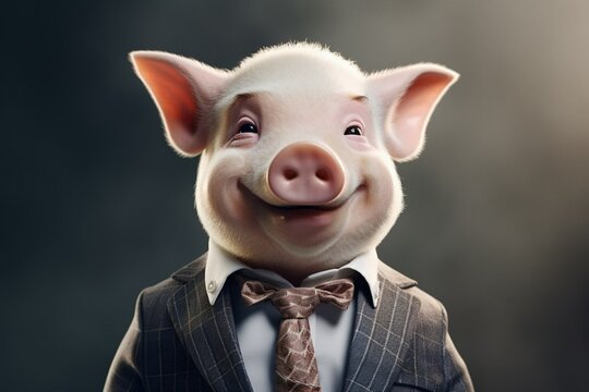 Funny pig in a photo wearing a suit