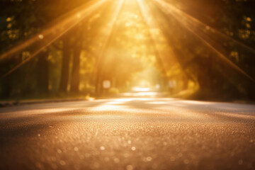 A bright road with beams of sunlight, a scenic journey through nature's landscape. The perfect start to an outdoor adventure. AI Generative.
