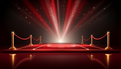 Realistic red carpet and pedestal with illumination and barrier fences with velvet rope - obrazy, fototapety, plakaty