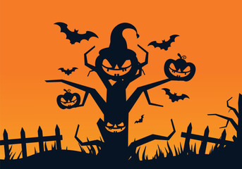 Illustration of Happy Halloween with ghostly tree silhouette surrounded by bats, pumpkins, fence.