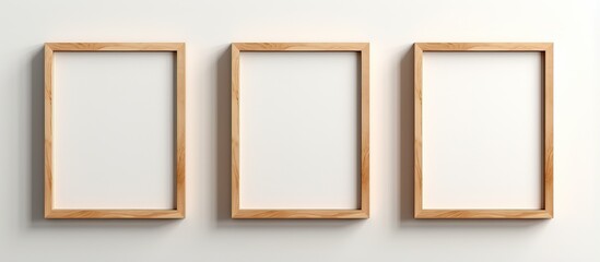 Obraz premium Empty wooden picture frame with glass hanging on a white wall Template for mock up