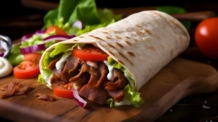 Fotobehang A delicious doner donair kebab wrap with spicy meat, lettuce, tomato, red onion and sauce. © Lucky Ai
