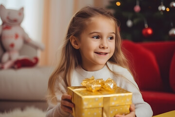 child opening a gift box and smiling with joy