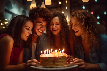 a group of friends at a birthday party blowing out the candles on the cake - obrazy, fototapety, plakaty