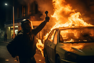 rioter throwing a Molotov cocktail at a police car - obrazy, fototapety, plakaty