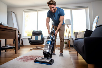 Fototapeta na wymiar man vacuuming the carpet and smiling