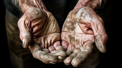 A close-up shot of weathered hands, showcasing the hard work and resilience of those in poverty