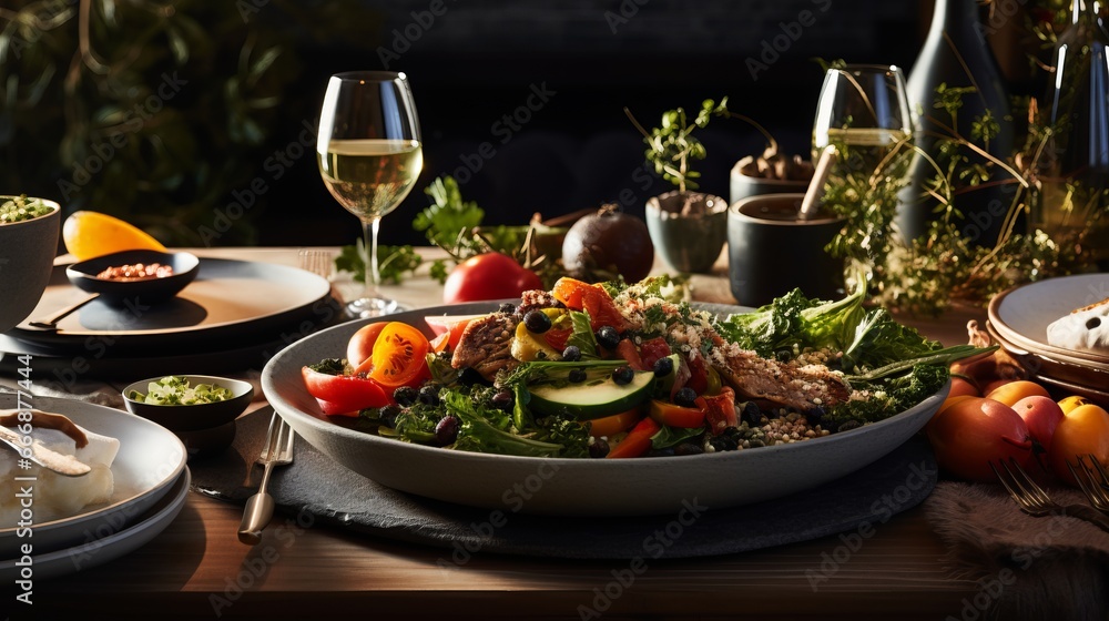Poster a table set with a farm-to-table meal featuring locally sourced ingredients
