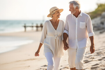 A senior couple holding hands and walking on a beach