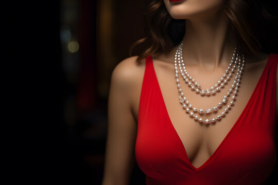 A woman wearing a red dress and a pearl necklace